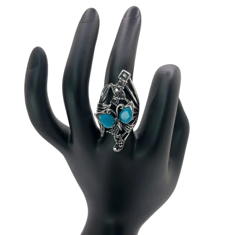 Silver Butterfly Rhinestone Statement Ring - Size 8